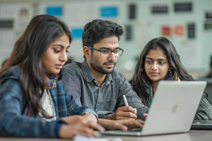 Three students on laptop